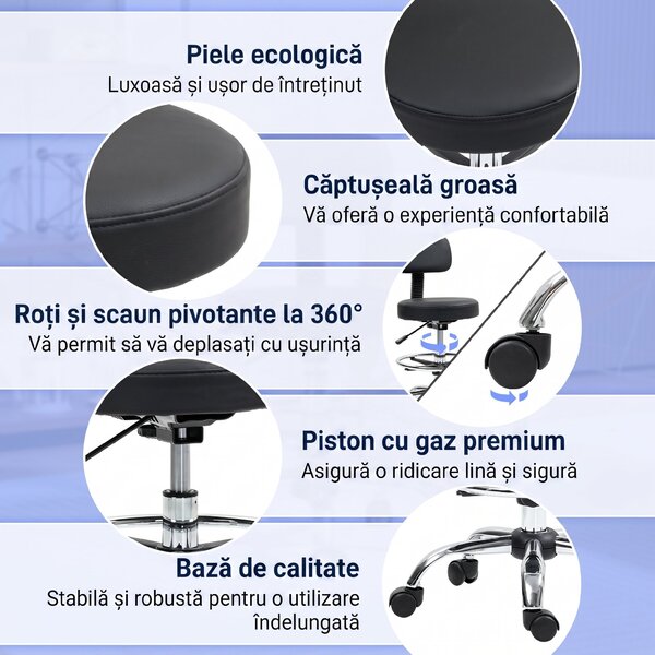 HOMCOM Scaun Rotativ la 360° și Reglabil pe Înălțime cu Suport pentru Picioare, 52x52x78-92 cm, Negru | Aosom Romania