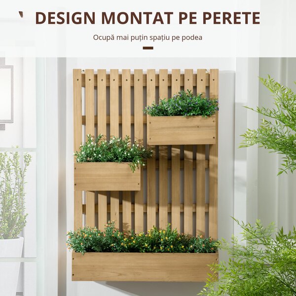 Jardiniera pentru exterior din lemn cu 3 ghivece detasabile, jardiniera verticala cu orificii de scurgere, 60x16x80cm | AOSOM RO