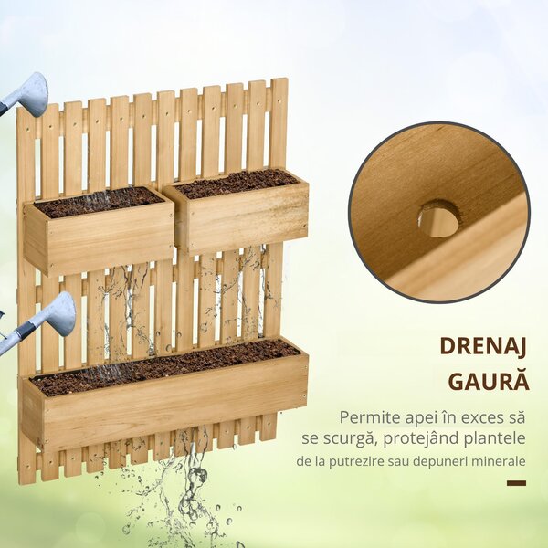 Jardiniera pentru exterior din lemn cu 3 ghivece detasabile, jardiniera verticala cu orificii de scurgere, 60x16x80cm | AOSOM RO