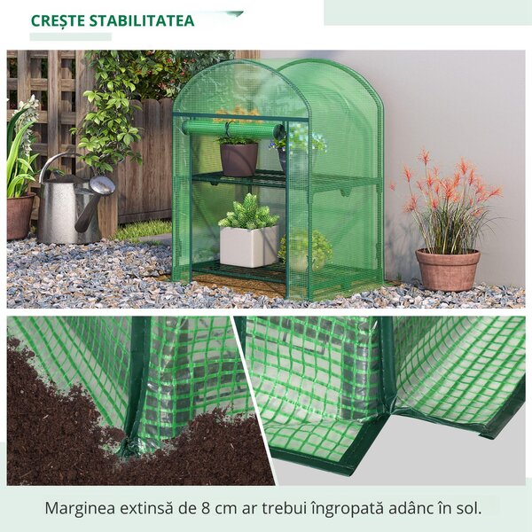 Outsunny Mini Seră de Grădină cu 2 Rafturi Metalice și Acoperiș PE, Seră Compactă pentru Balcon și Terasă, 69x49x91 cm, Verde | Aosom Romania