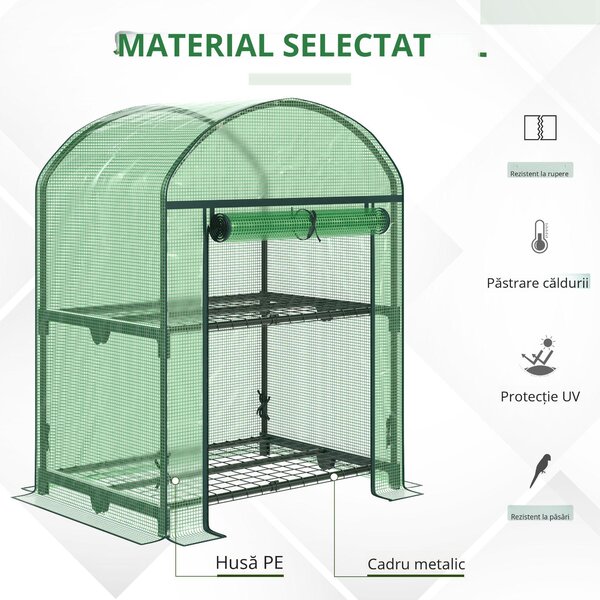 Outsunny Mini Seră de Grădină cu 2 Rafturi Metalice și Acoperiș PE, Seră Compactă pentru Balcon și Terasă, 69x49x91 cm, Verde | Aosom Romania
