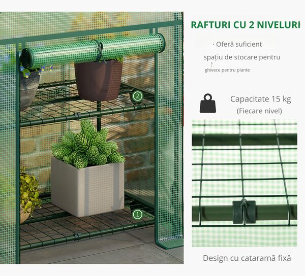 Outsunny Mini Seră de Grădină cu 2 Rafturi Metalice și Acoperiș PE, Seră Compactă pentru Balcon și Terasă, 69x49x91 cm, Verde | Aosom Romania