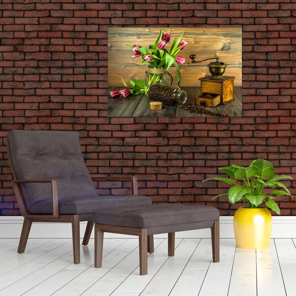 Tablou - lalele, râșniță și cafea (90x60 cm)