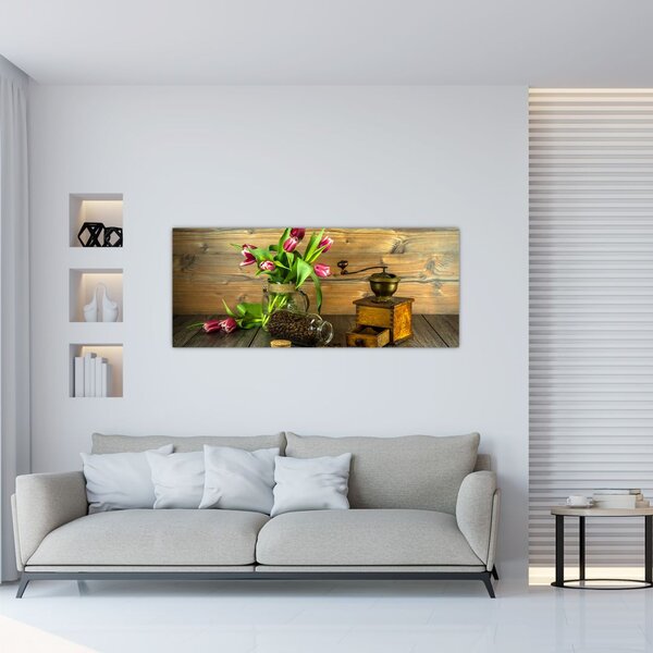 Tablou - lalele, râșniță și cafea (120x50 cm)