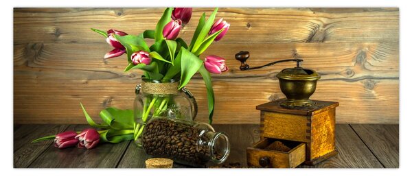 Tablou - lalele, râșniță și cafea (120x50 cm)
