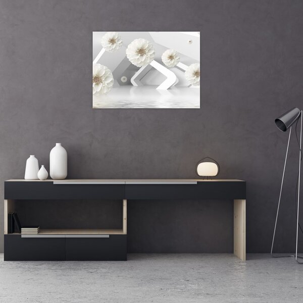 Tablou abstract cu flori albe (70x50 cm)