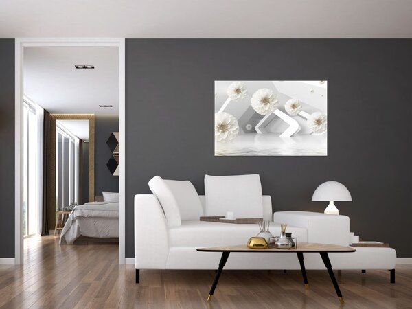 Tablou abstract cu flori albe (90x60 cm)