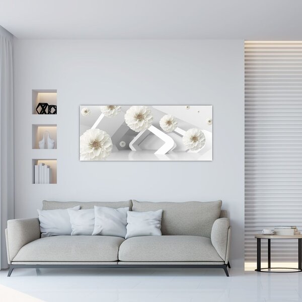 Tablou abstract cu flori albe (120x50 cm)