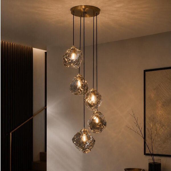 Candelabru cu cablu CRISTAL 5xE14/15W/230V alamă/negru fumuriu