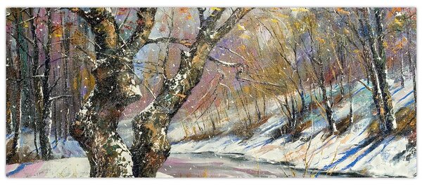 Tablou cu peisaj de iarnă pictat (120x50 cm)