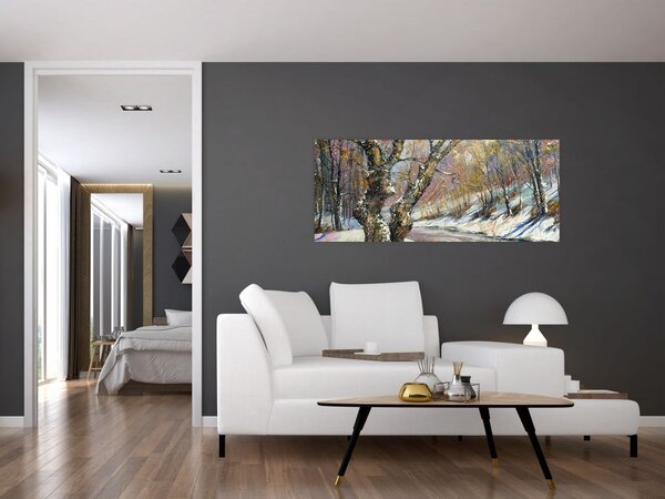 Tablou cu peisaj de iarnă pictat (120x50 cm)