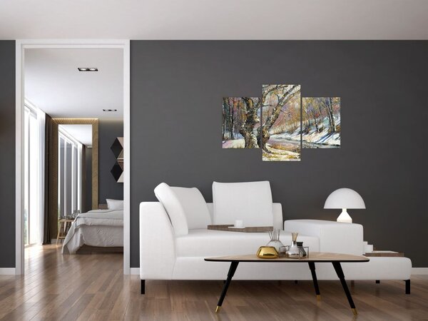 Tablou cu peisaj de iarnă pictat (90x60 cm)