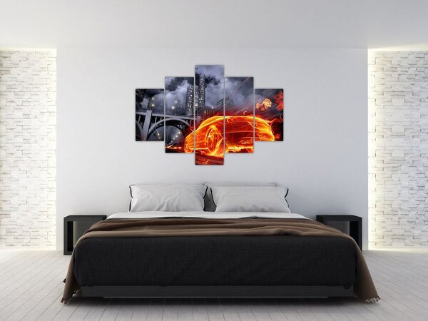 Tablou cu mașina în flăcărată (150x105 cm)