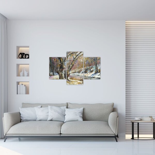 Tablou cu peisaj de iarnă pictat (90x60 cm)