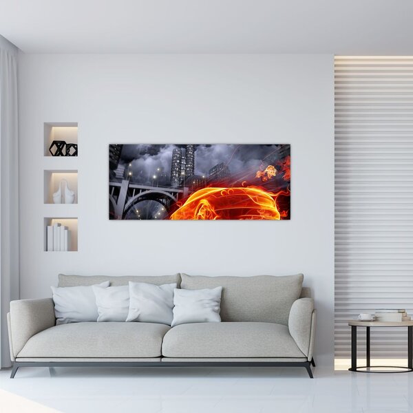 Tablou cu mașina în flăcărată (120x50 cm)