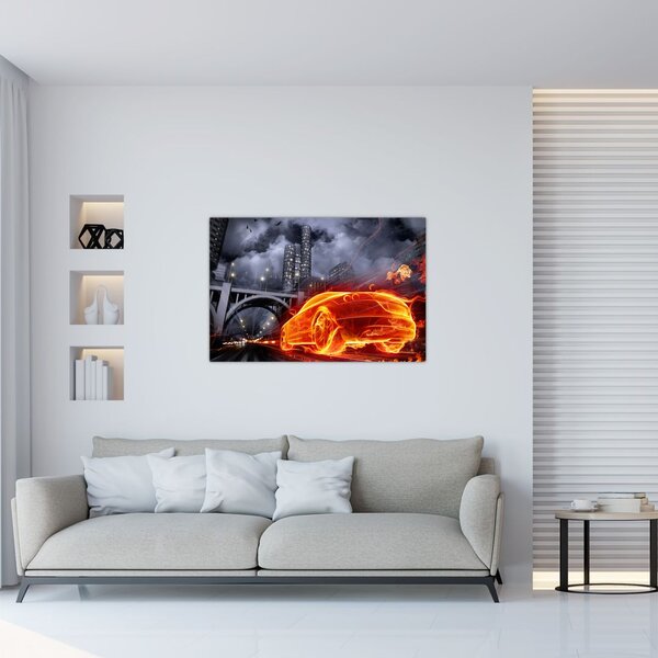 Tablou cu mașina în flăcărată (90x60 cm)
