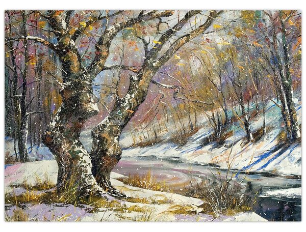 Tablou cu peisaj de iarnă pictat (70x50 cm)