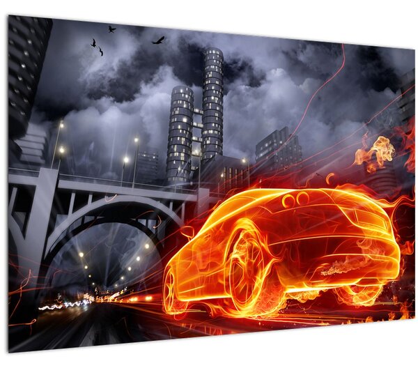 Tablou cu mașina în flăcărată (90x60 cm)