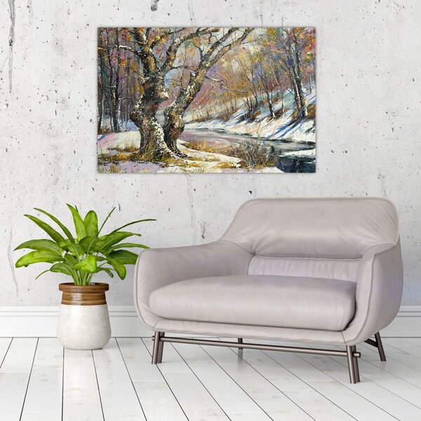 Tablou cu peisaj de iarnă pictat (90x60 cm)