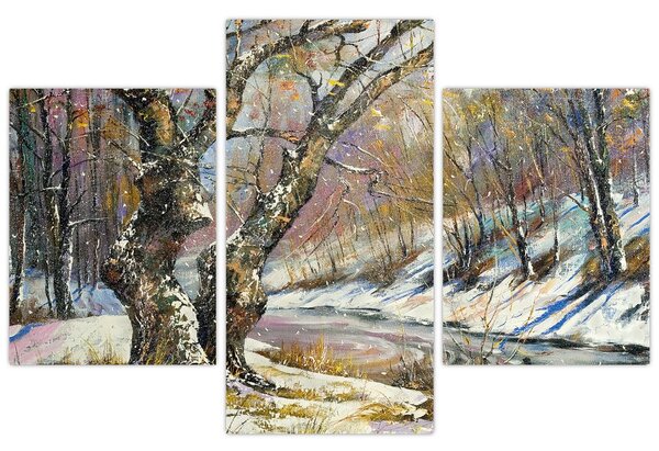 Tablou cu peisaj de iarnă pictat (90x60 cm)