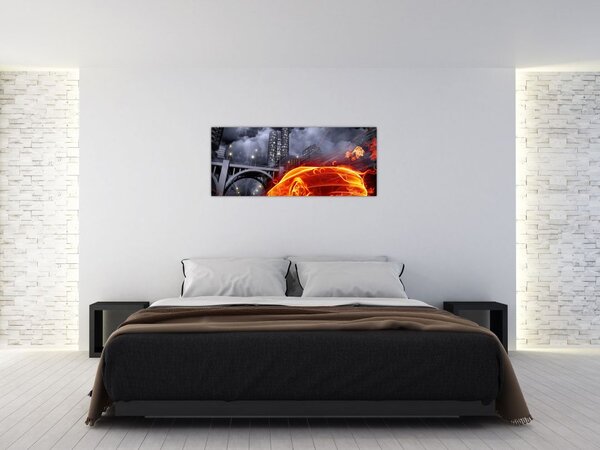 Tablou cu mașina în flăcărată (120x50 cm)