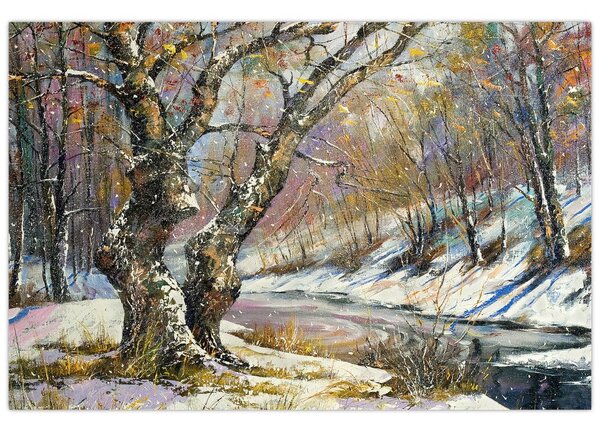 Tablou cu peisaj de iarnă pictat (90x60 cm)