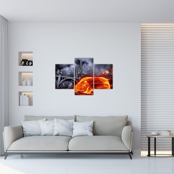 Tablou cu mașina în flăcărată (90x60 cm)