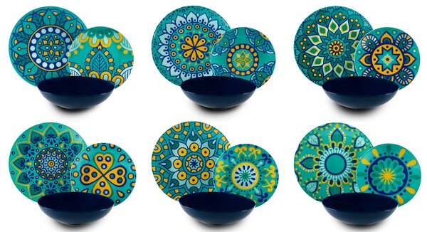 Set vesela din portelan si ceramica, 18 piese, Mandala Mediterraneo Dinner Turcoaz / Albastru