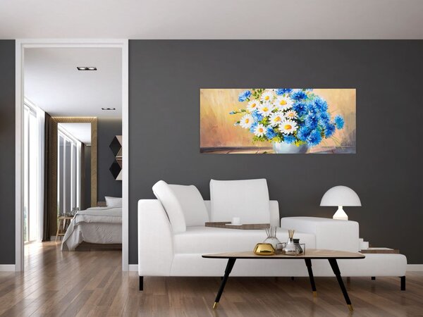 Tablou pictat cu vaza și flori (120x50 cm)