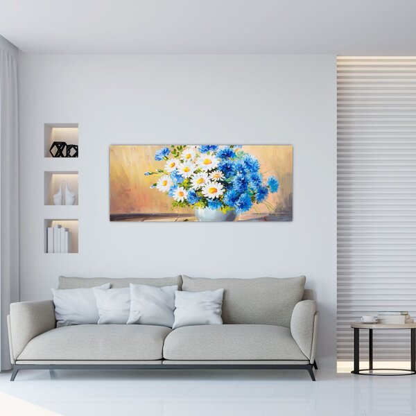 Tablou pictat cu vaza și flori (120x50 cm)