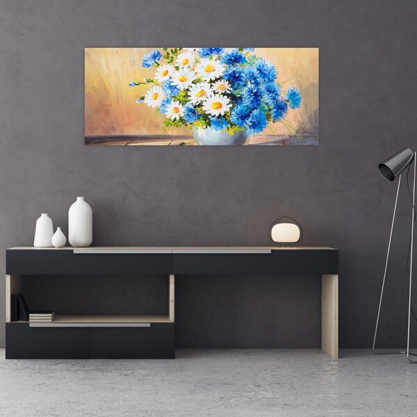 Tablou pictat cu vaza și flori (120x50 cm)