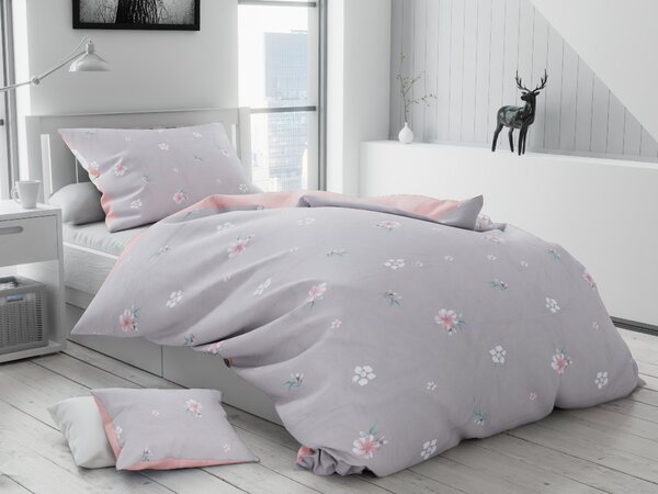 Lenjerie de pat din bumbac flanelat Culoare Gri cu flori + husă de pernă 40x50 cm Gratuit