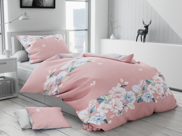 Lenjerie de pat din bumbac flanelat Culoare Roz cu flori + husa de perna 40x50 cm Gratuit