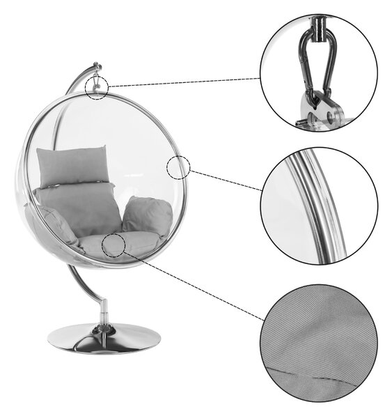 KONDELA Scaun suspendat cu suport, transparent/ argintiu/ gri, BUBBLE NEW TIP 3