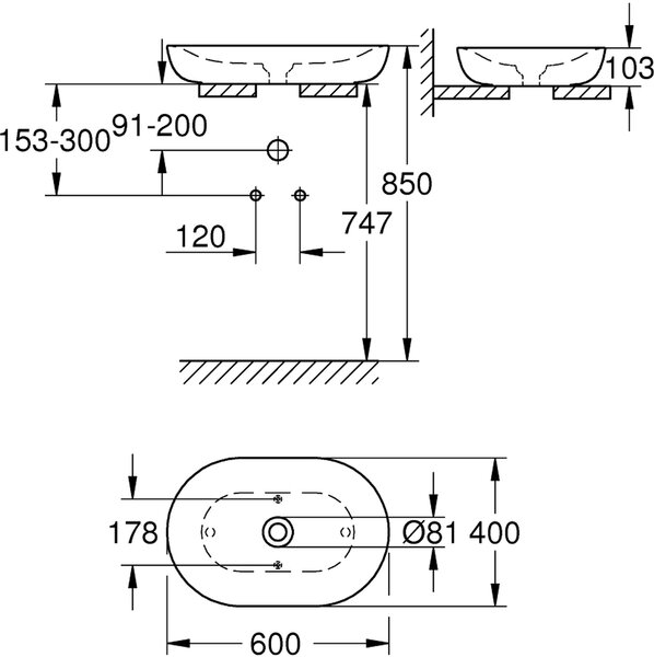 Grohe Essence lavoar 60x40 cm ovale de blat alb luciu 3960800H