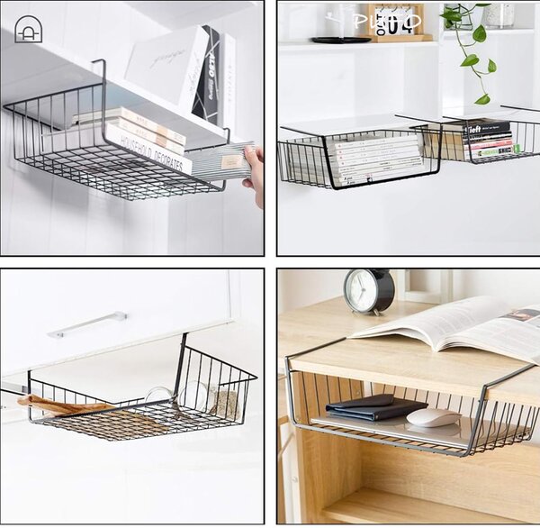 Suport metalic tip cos pentru depozitare sub raft Pufo pentru casa si bucatarie, multifunctional, 40 x 27 cm, negru