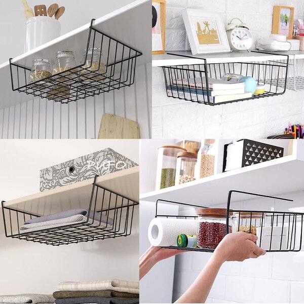 Suport metalic tip cos pentru depozitare sub raft Pufo pentru casa si bucatarie, multifunctional, 40 x 27 cm, negru