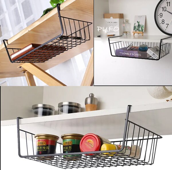 Suport metalic tip cos pentru depozitare sub raft Pufo pentru casa si bucatarie, multifunctional, 40 x 27 cm, negru