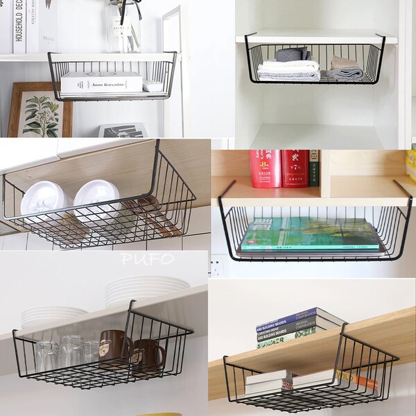Suport metalic tip cos pentru depozitare sub raft Pufo pentru casa si bucatarie, multifunctional, 40 x 27 cm, negru