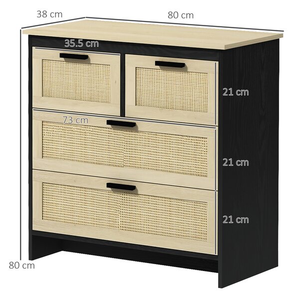 HOMCOM Comodă 4 Sertare, Mobilier Sufragerie/Dormitor, PAL și Ratan, 80x38x80cm, Negru/Lemn Natural | Aosom Romania