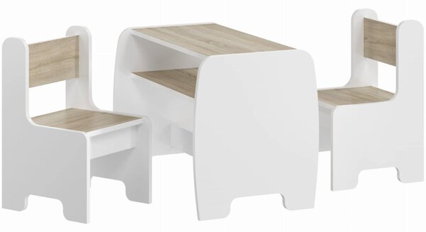 Set pentru copii masă și 2 scaune cu raft de depozitare - sonoma + alb