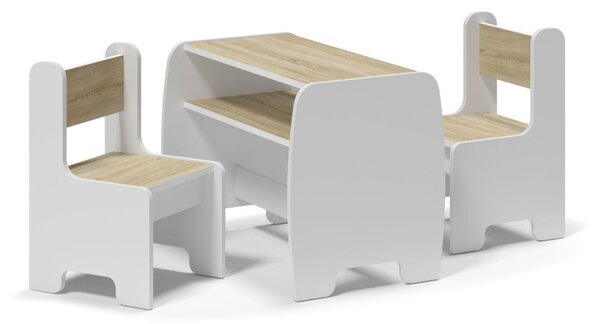 Set pentru copii masă și 2 scaune cu raft de depozitare - sonoma + alb