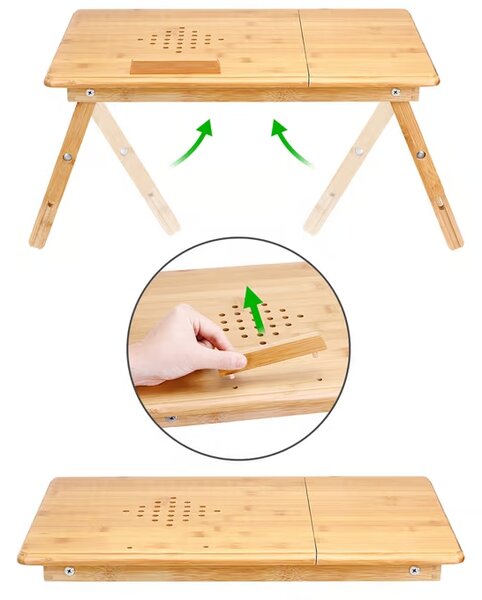 Masă pentru laptop din bambus cu guri de aerisire și sertar 55 x 28 x 35 cm