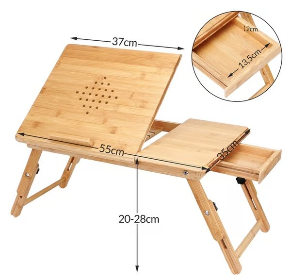 Masă pentru laptop din bambus cu guri de aerisire și sertar 55 x 28 x 35 cm