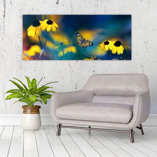 Tablou - Fluture galben și flori (120x50 cm)