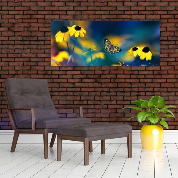 Tablou - Fluture galben și flori (120x50 cm)
