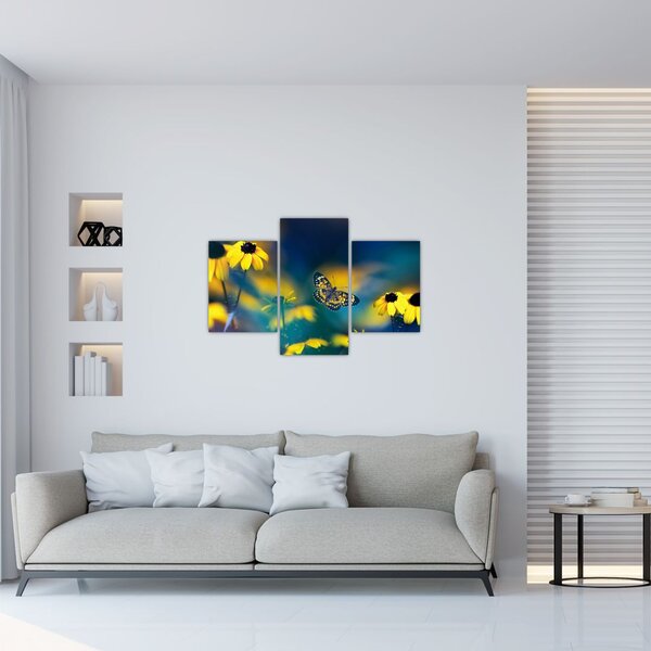 Tablou - Fluture galben și flori (90x60 cm)