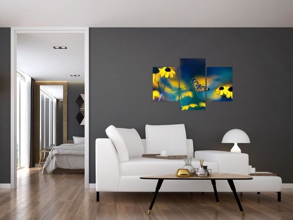 Tablou - Fluture galben și flori (90x60 cm)