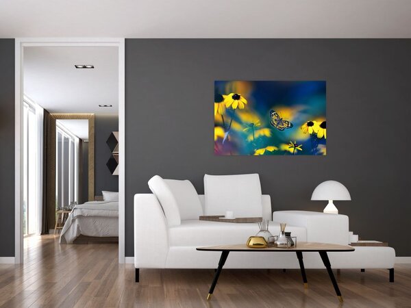 Tablou - Fluture galben și flori (90x60 cm)