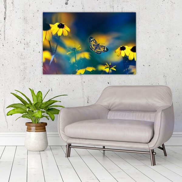 Tablou - Fluture galben și flori (90x60 cm)